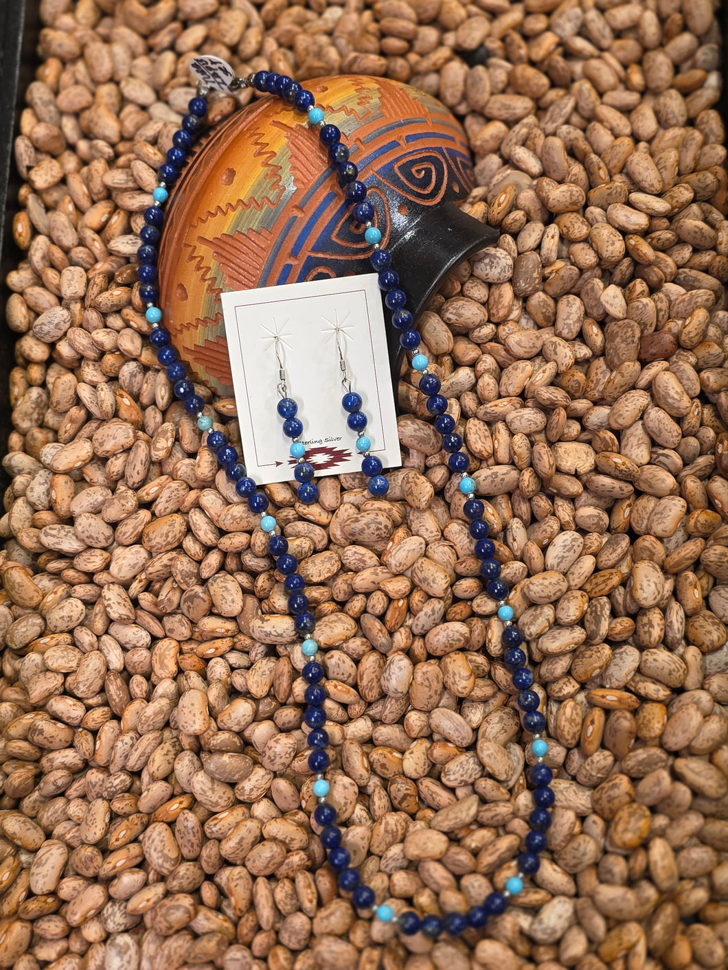 LAPIS LAZULI & TURQUOISE BEADED NECKLACE & EARRINGS  - 6MM