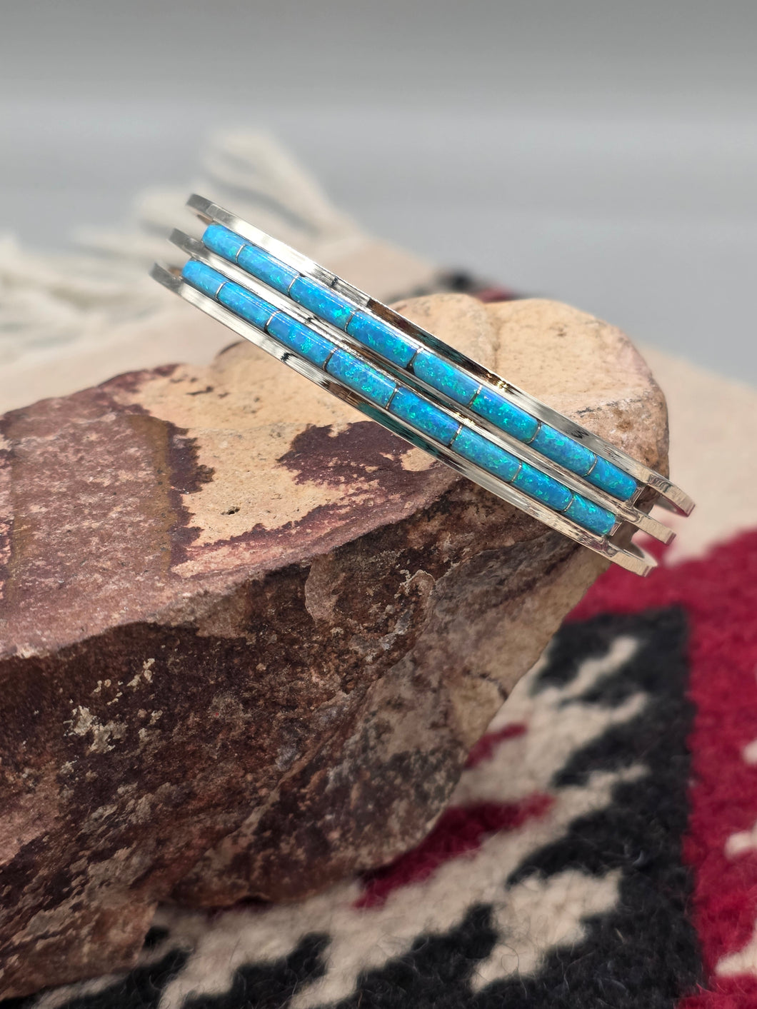 BLUE OPAL INLAY DOUBLE ROW CUFF BRACELET- ZUNI - ANSON WALLACE