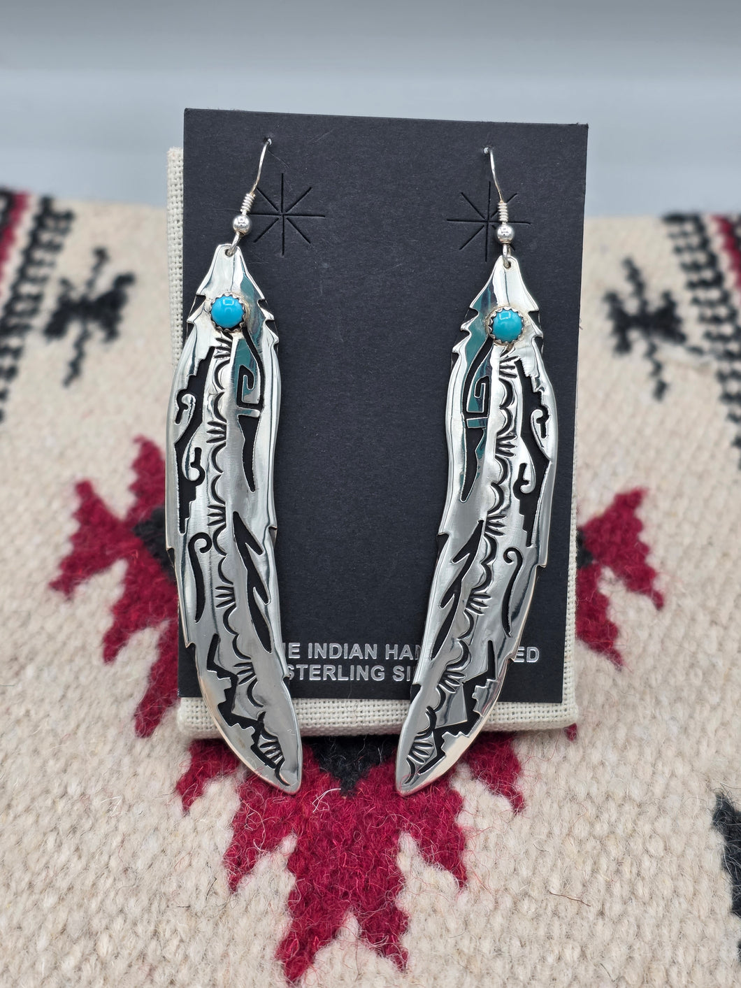 EXTRA LONG OVERLAY FEATHER EARRINGS WITH TURQUOISE- TOMMY & ROSITA SINGER