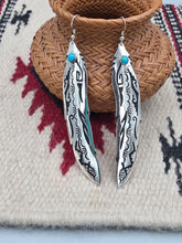 Load image into Gallery viewer, EXTRA LONG OVERLAY FEATHER EARRINGS WITH TURQUOISE- TOMMY &amp; ROSITA SINGER
