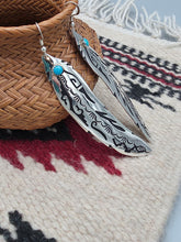 Load image into Gallery viewer, EXTRA LONG OVERLAY FEATHER EARRINGS WITH TURQUOISE- TOMMY &amp; ROSITA SINGER
