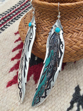 Load image into Gallery viewer, EXTRA LONG OVERLAY FEATHER EARRINGS WITH TURQUOISE- TOMMY &amp; ROSITA SINGER
