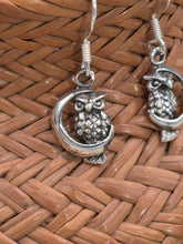 Load image into Gallery viewer, OWLS ON MOON EARRINGS- STERLING SILVER
