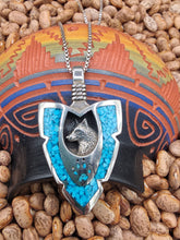 Load image into Gallery viewer, LARGE TURQUOISE CHIP INLAY ARROWHEAD PENDANT FEATURING WOLF
