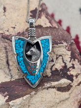 Load image into Gallery viewer, LARGE TURQUOISE CHIP INLAY ARROWHEAD PENDANT FEATURING WOLF
