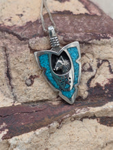 Load image into Gallery viewer, TURQUOISE CHIP INLAY ARROWHEAD PENDANT FEATURING WOLF - MEDIUM
