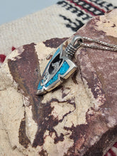 Load image into Gallery viewer, TURQUOISE CHIP INLAY ARROWHEAD PENDANT FEATURING WOLF - MEDIUM
