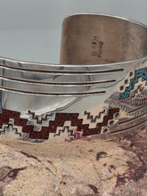Load image into Gallery viewer, TURQUOISE &amp; CORAL CHIP INLAY CUFF BRACELET - RAYMOND BEGAY
