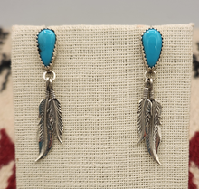 Load image into Gallery viewer, TURQUOISE POST EARRINGS WITH 2 FEATHERS. - ANNIE SPENCER
