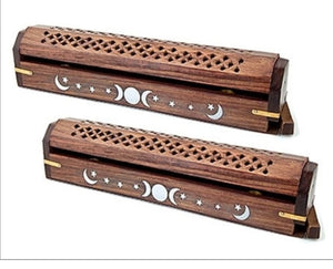 INCENSE WOODEN COFFIN BURNER - TRIPLE MOON