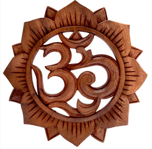 OM WOODEN WALL PLAQUE WITH LOTUS - 7.5"