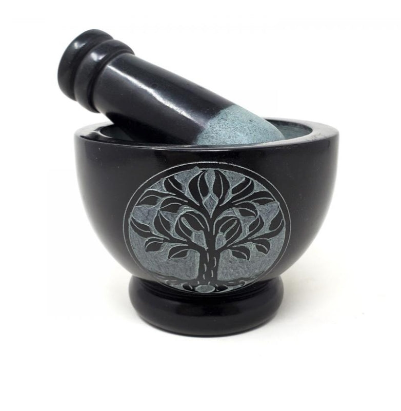 TREE OF LIFE CARVED BLACK MORTAR AND PESTLE