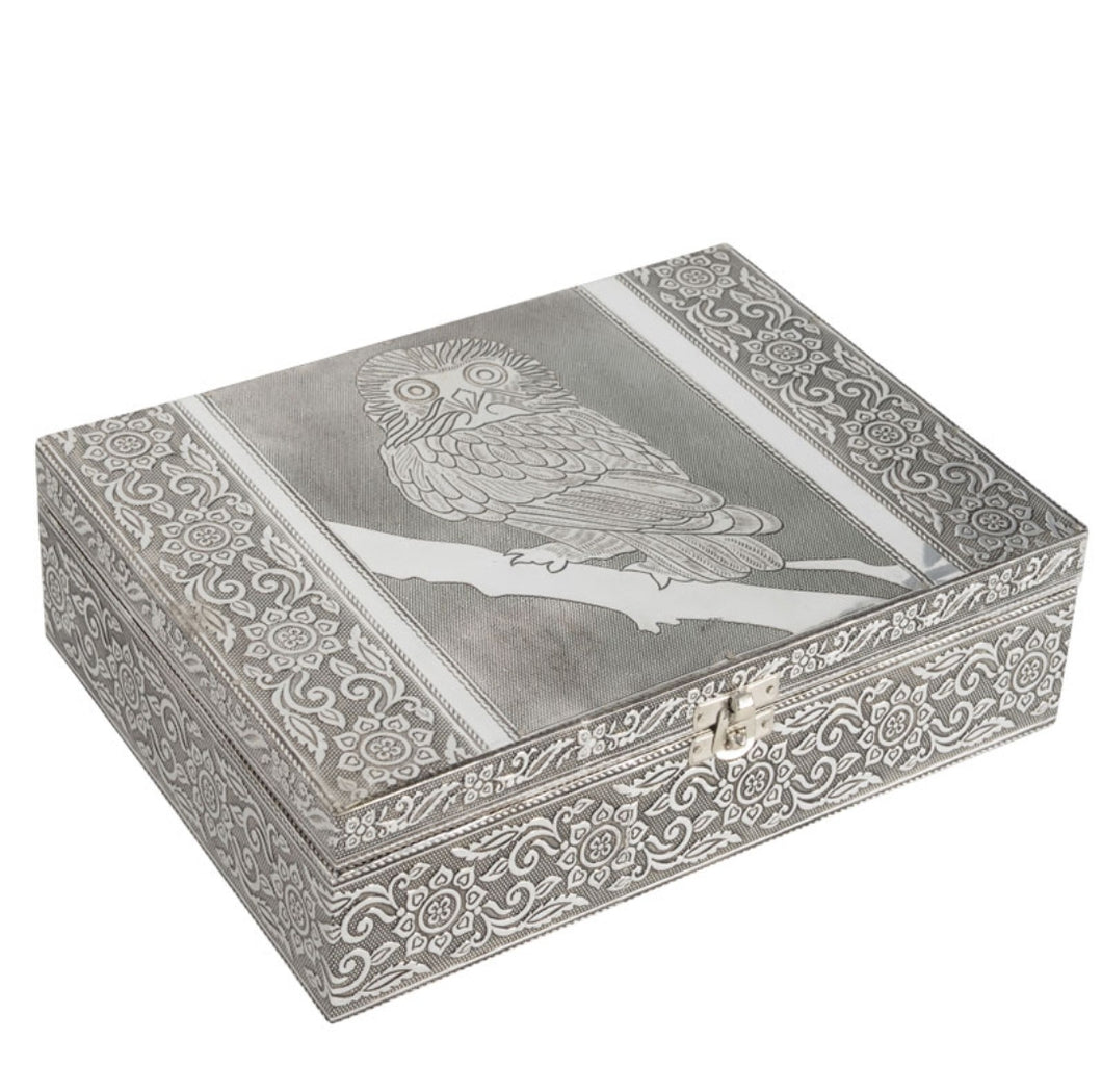 OWL SILVER METAL JEWELRY BOX