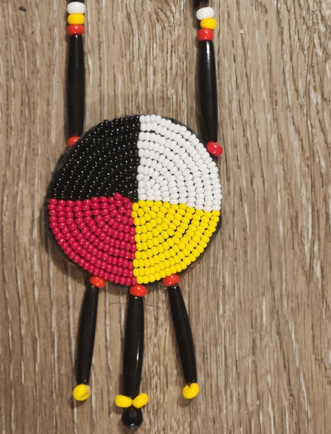 HORN BEADED ROSETTE NECKLACE- MEDICINE WHEEL