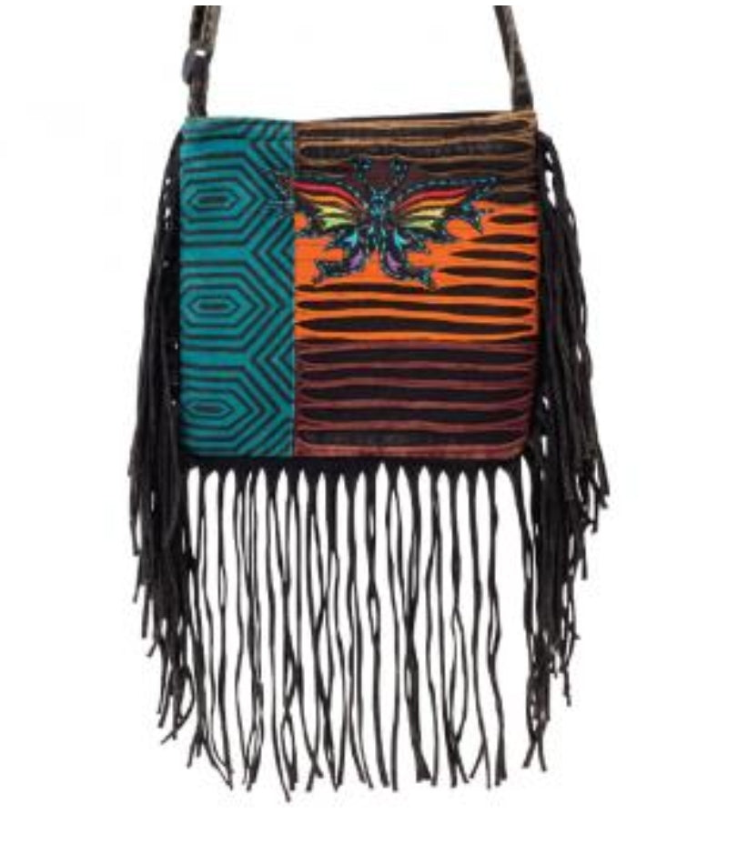 BLACK RAZOR CUT BAG WITH FRINGE WITH BUTTERFLY DESIGN