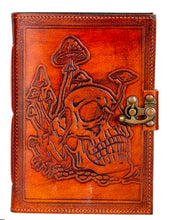 Load image into Gallery viewer, LEATHER LOCKING JOURNAL - SKULL &amp; MUSHROOMS
