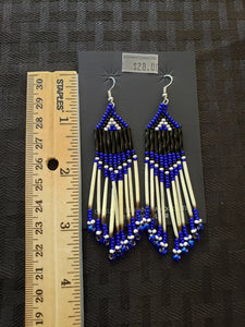 PORCUPINE QUILL  & BEADED EARRINGS  - ROYAL BLUE -CONNIE KELLEY