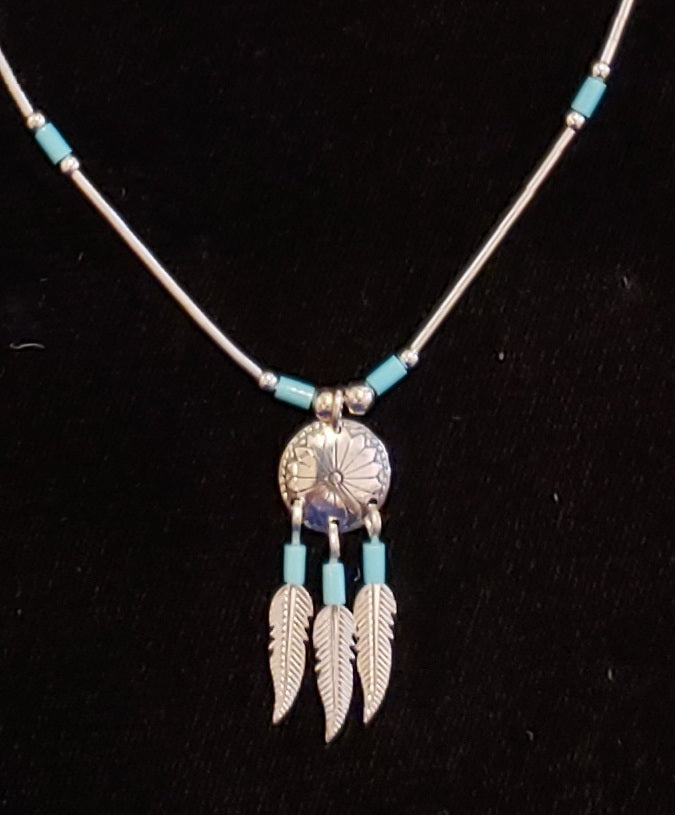 TURQUOISE SHIELD ON LIQUID SILVER NECKLACE & EARRINGS