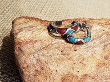 Load image into Gallery viewer, TURQUOISE &amp; CORAL CHIP INLAY POST STYLE HOOP EARRINGS
