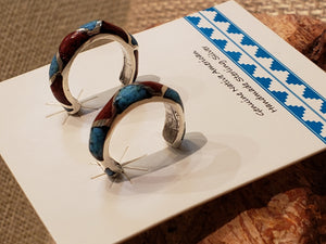 TURQUOISE & CORAL CHIP INLAY POST STYLE HOOP EARRINGS