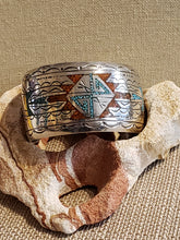 Load image into Gallery viewer, TURQUOISE  &amp; CORAL CHIP INLAY CUFF BRACELET- VINTAGE 1970&#39;S- JIMMIE NEZZIE
