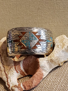 TURQUOISE  & CORAL CHIP INLAY CUFF BRACELET- VINTAGE 1970'S- JIMMIE NEZZIE