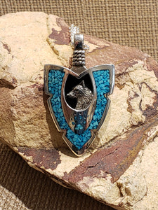 LARGE TURQUOISE CHIP INLAY ARROWHEAD PENDANT FEATURING WOLF