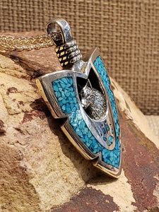 LARGE TURQUOISE CHIP INLAY ARROWHEAD PENDANT FEATURING WOLF