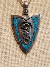 Load image into Gallery viewer, TURQUOISE CHIP INLAY ARROWHEAD PENDANT WITH BEAR - MEDIUM
