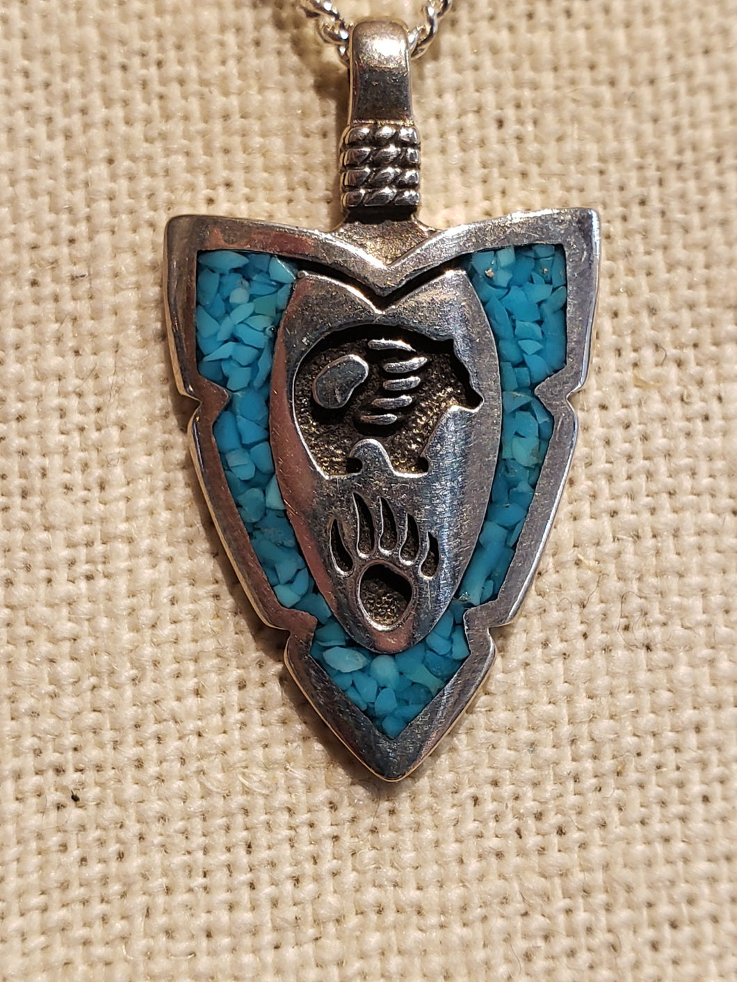 TURQUOISE CHIP INLAY ARROWHEAD PENDANT WITH BEAR - MEDIUM