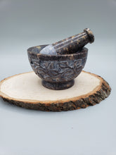 Load image into Gallery viewer, FLORAL CARVED SOAPSTONE MORTAR &amp; PESTLE
