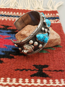 TURQUOISE MEN'S SIZE CUFF BRACELET WITH BEARS - NAVAJO HANDCRAFTED