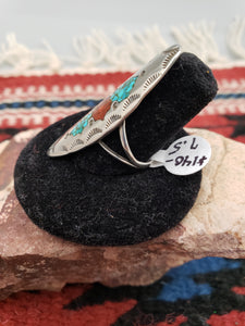 TURQUOISE & CORAL CHIP INLAY RING - RICHARD BEGAY - Size 7.5