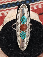 Load image into Gallery viewer, TURQUOISE &amp; CORAL CHIP INLAY RING - RICHARD BEGAY - Size 7.5
