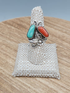 TURQUOISE  & CORAL RING- SIZE 7.5