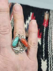TURQUOISE  & CORAL RING- SIZE 7.5