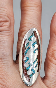 TURQUOISE & CORAL CHIP INLAY RING - SIZE 7 -