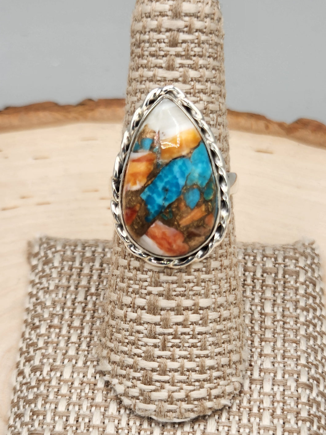 TURQUOISE & SPINY OYSTER TEARDROP RING - SIZE 7