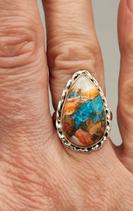 TURQUOISE & SPINY OYSTER TEARDROP RING - SIZE 7