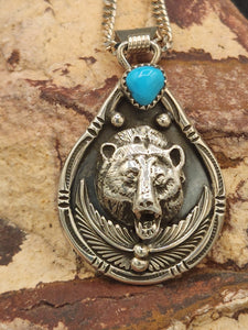 TURQUOISE & BEAR FACE OVAL PENDANT- DARRELL MORGAN