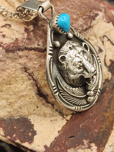 TURQUOISE & BEAR FACE OVAL PENDANT- DARRELL MORGAN