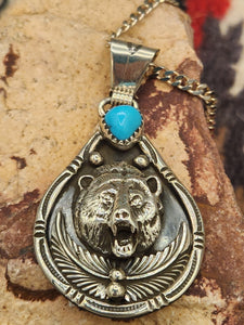 TURQUOISE & BEAR FACE OVAL PENDANT- DARRELL MORGAN