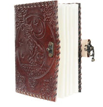 Load image into Gallery viewer, LEATHER LOCKING JOURNAL - CAT, MOON &amp; STARS

